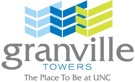 Three check marks stacked upon one another in varying colors. The word Granville Towers is written in grey below the checks. The bottom line says the Place to be at UNC.